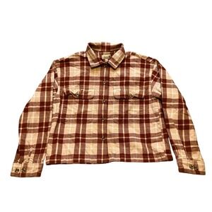 Brixton Shirt Womens Small Flannel Jacket Plaid Button Up Long Sleeve Orange‎